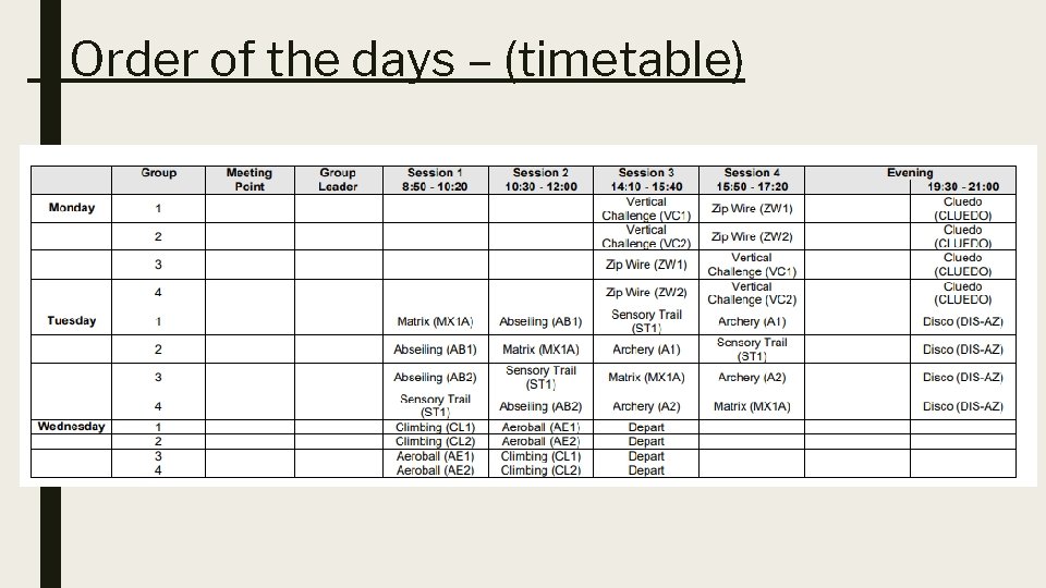 Order of the days – (timetable) 
