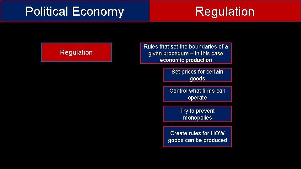 Political Economy Regulation Rules that set the boundaries of a given procedure – in