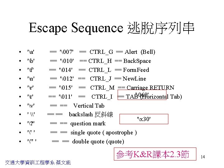Escape Sequence 逃脫序列串 • • • 'a' 'b' 'f' 'n' 'r' 't' 'v' '
