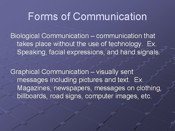 Forms of Communication Biological Communication – communication that takes place without the use of