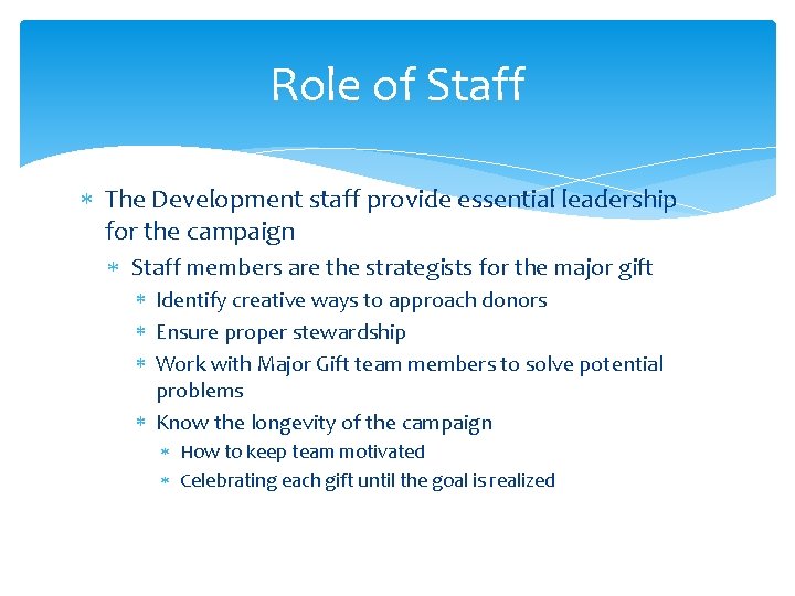 Role of Staff The Development staff provide essential leadership for the campaign Staff members