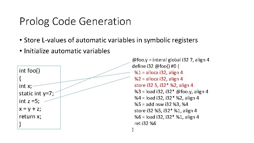 Prolog Code Generation • Store L-values of automatic variables in symbolic registers • Initialize