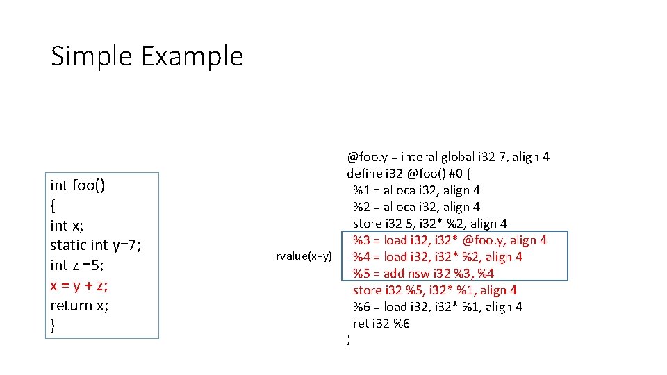 Simple Example int foo() { int x; static int y=7; int z =5; x