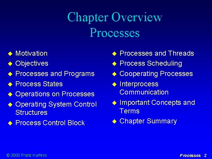 Chapter Overview Processes Motivation Objectives Processes and Programs Process States Operations on Processes Operating