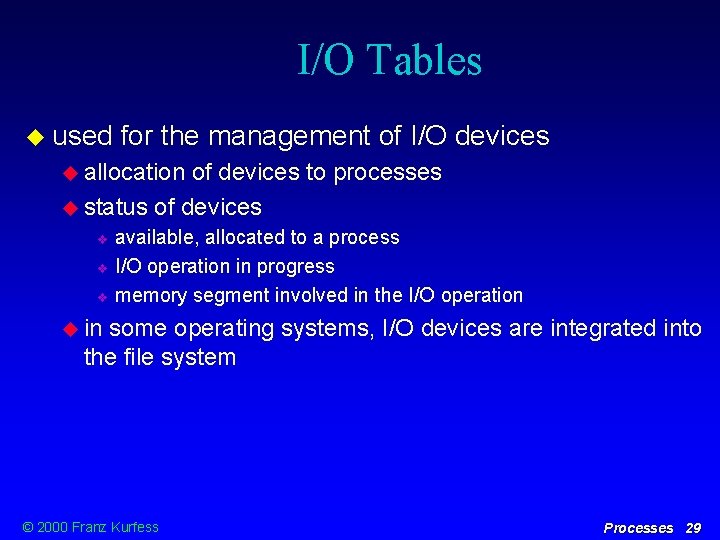 I/O Tables used for the management of I/O devices allocation of devices to processes