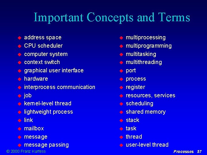 Important Concepts and Terms address space CPU scheduler computer system context switch graphical user