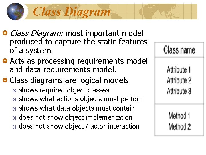 Class Diagram: most important model produced to capture the static features of a system. Class Diagram: most important model produced to capture the static features of a system.