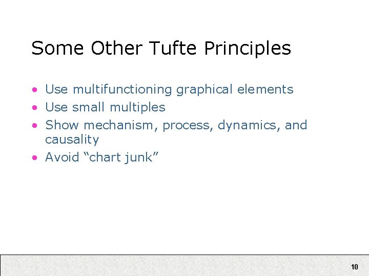 Some Other Tufte Principles • Use multifunctioning graphical elements • Use small multiples •