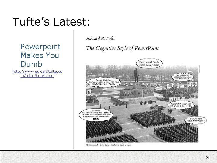 Tufte’s Latest: Powerpoint Makes You Dumb http: //www. edwardtufte. co m/tufte/books_pp 20 