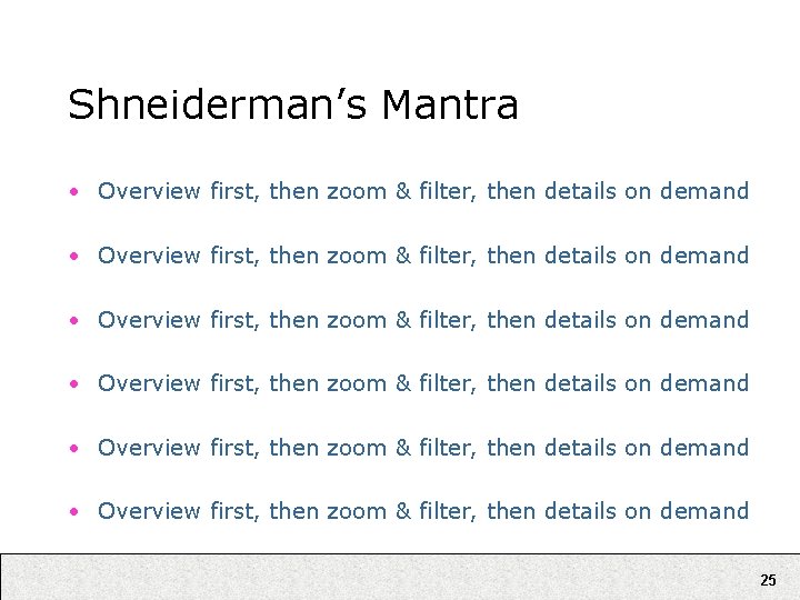 Shneiderman’s Mantra • Overview first, then zoom & filter, then details on demand •