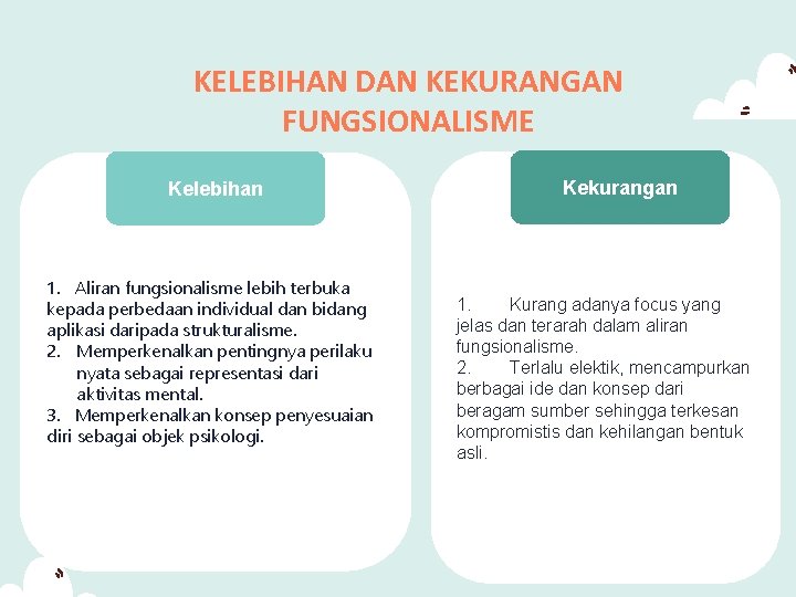 KELEBIHAN DAN KEKURANGAN FUNGSIONALISME Kelebihan 1. Aliran fungsionalisme lebih terbuka kepada perbedaan individual dan