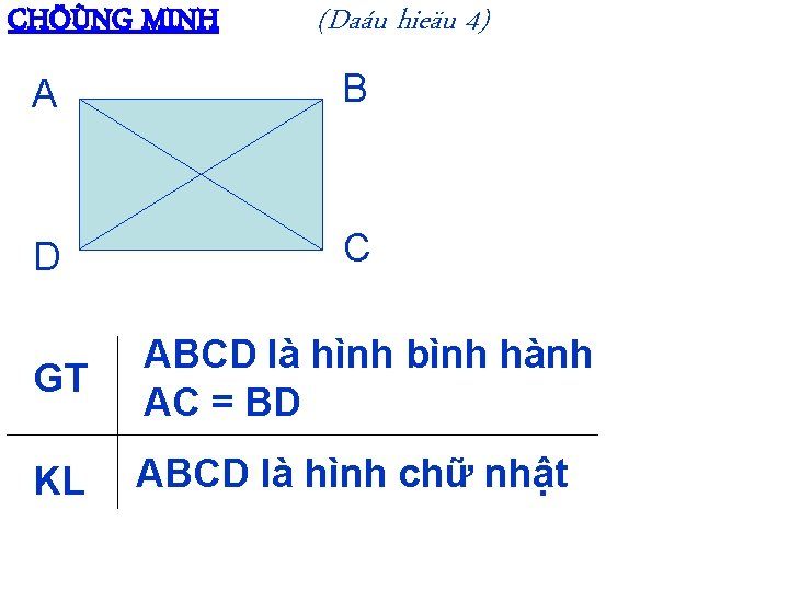 CHÖÙNG MINH (Daáu hieäu 4) A B D C GT ABCD là hình bình