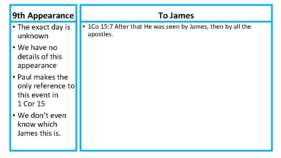 9 th Appearance To James • The exact day is • 1 Co 15: