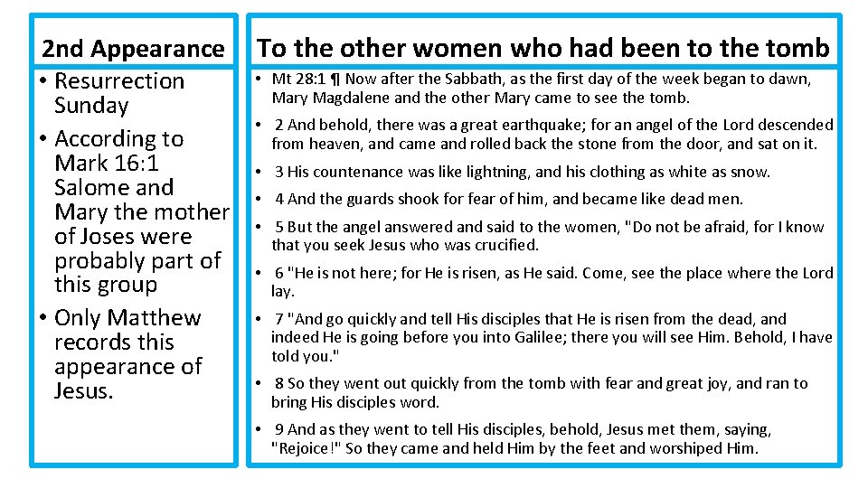 2 nd Appearance To the other women who had been to the tomb •