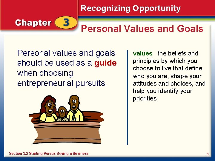 Recognizing Opportunity Personal Values and Goals Personal values and goals should be used as