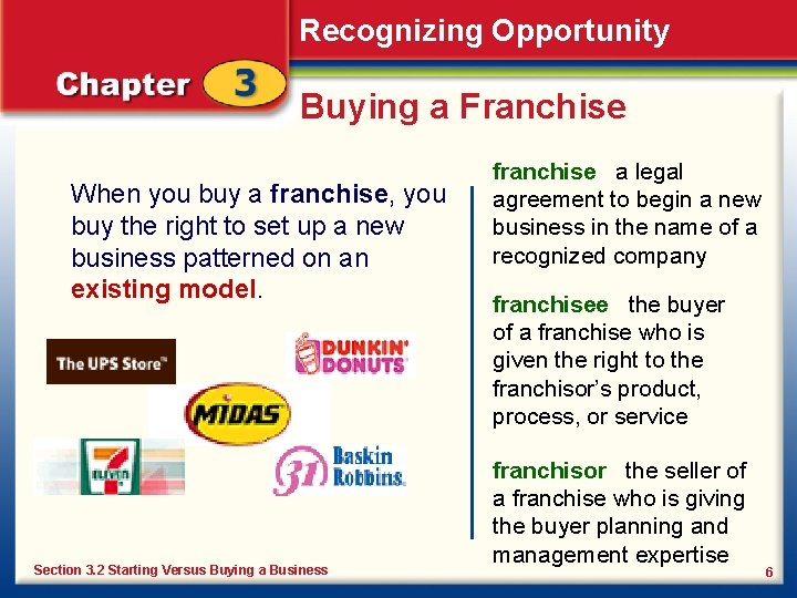 Recognizing Opportunity Buying a Franchise When you buy a franchise, you buy the right