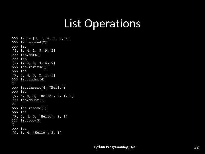 List Operations >>> >>> [3, >>> [1, >>> >>> [9, >>> 2 >>> [9,