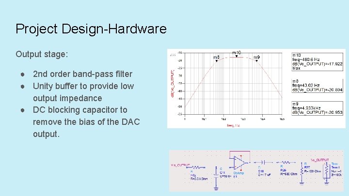 Project Design-Hardware Output stage: ● 2 nd order band-pass filter ● Unity buffer to