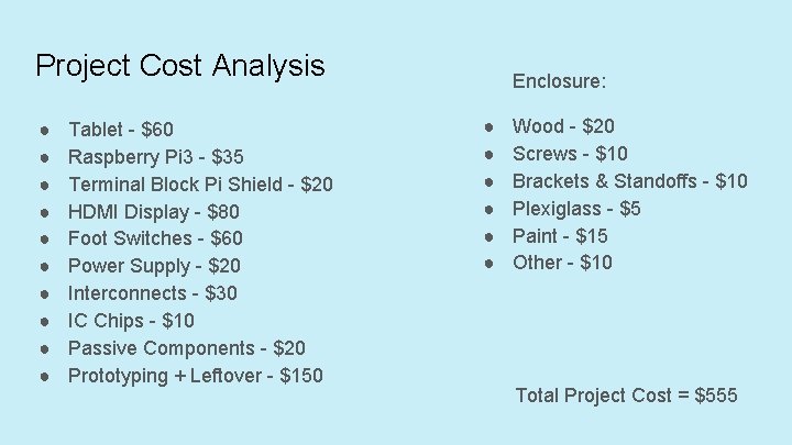 Project Cost Analysis ● ● ● ● ● Tablet - $60 Raspberry Pi 3