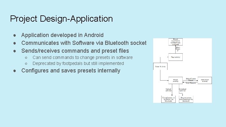 Project Design-Application ● Application developed in Android ● Communicates with Software via Bluetooth socket
