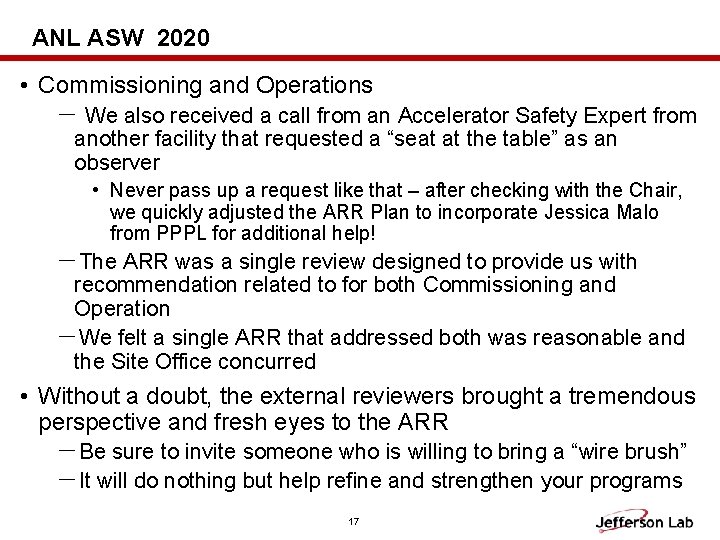 ANL ASW 2020 • Commissioning and Operations － We also received a call from