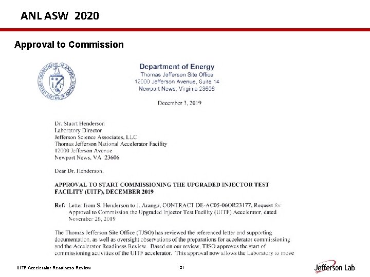 ANL ASW 2020 Approval to Commission UITF Accelerator Readiness Review 21 