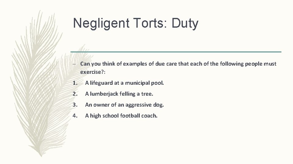 Negligent Torts: Duty – Can you think of examples of due care that each