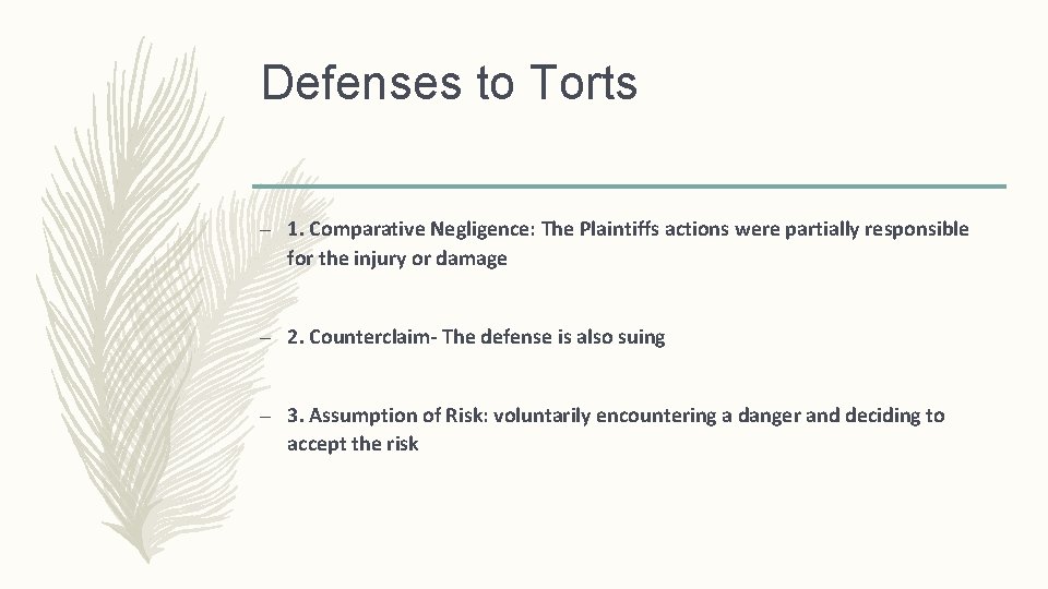 Defenses to Torts – 1. Comparative Negligence: The Plaintiffs actions were partially responsible for