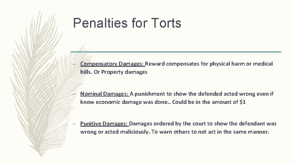 Penalties for Torts – Compensatory Damages: Reward compensates for physical harm or medical bills.