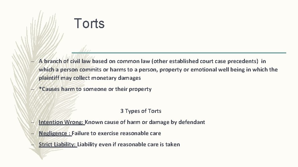 Torts – A branch of civil law based on common law (other established court