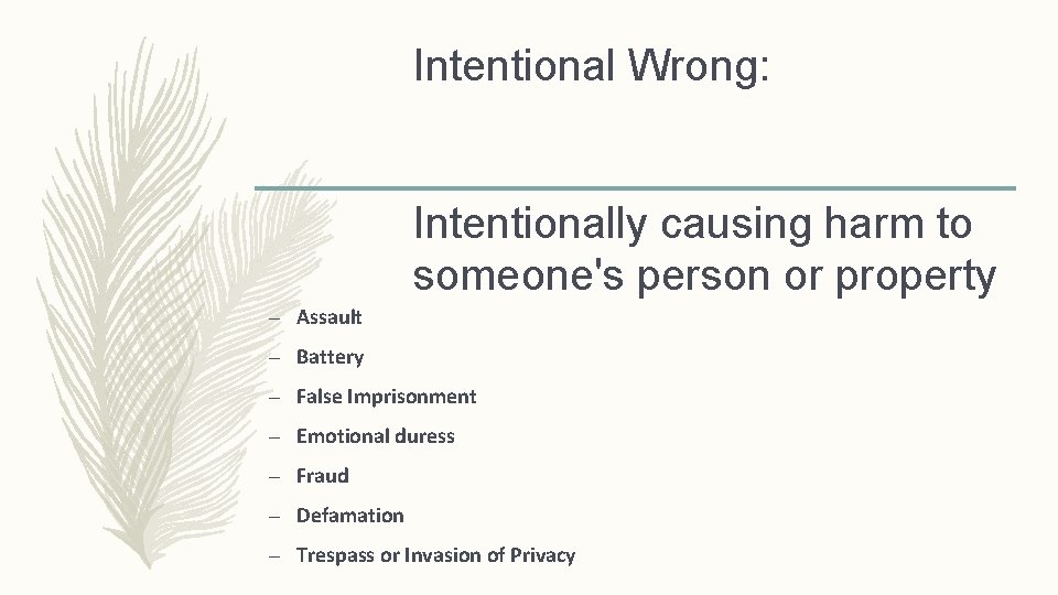 Intentional Wrong: Intentionally causing harm to someone's person or property – Assault – Battery