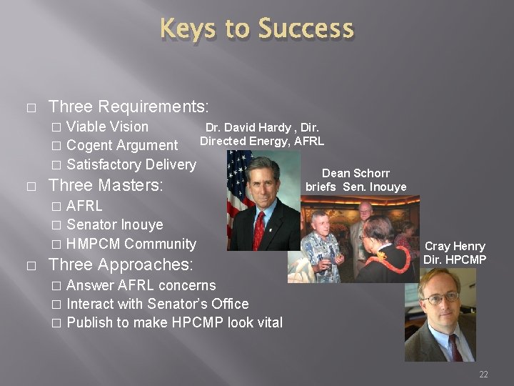 Keys to Success � Three Requirements: Viable Vision Dr. David Hardy , Directed Energy,