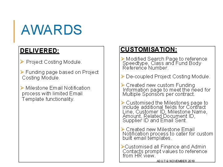 AWARDS DELIVERED: CUSTOMISATION: Ø Project Costing Module. Ø Modified Search Page to reference Speedtype,