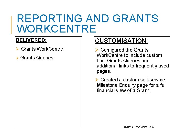 REPORTING AND GRANTS WORKCENTRE DELIVERED: CUSTOMISATION: Ø Grants Work. Centre Ø Configured the Grants