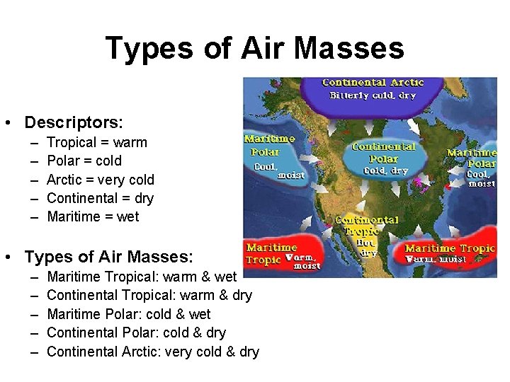 Types of Air Masses • Descriptors: – – – Tropical = warm Polar =