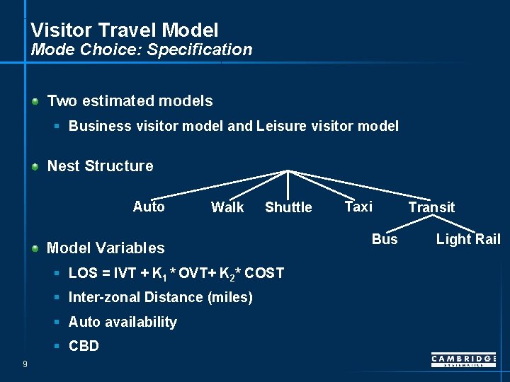 Visitor Travel Mode Choice: Specification Two estimated models § Business visitor model and Leisure