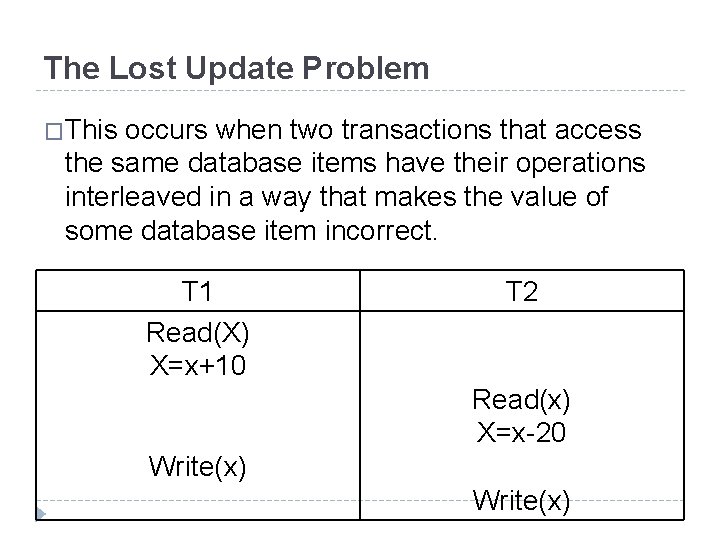 The Lost Update Problem �This occurs when two transactions that access the same database