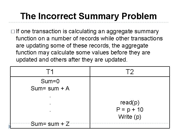 The Incorrect Summary Problem � If one transaction is calculating an aggregate summary function
