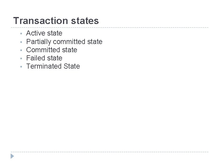 Transaction states § § § Active state Partially committed state Committed state Failed state