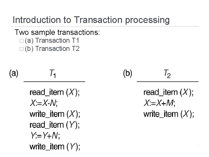 Introduction to Transaction processing Two sample transactions: � (a) Transaction T 1 � (b)