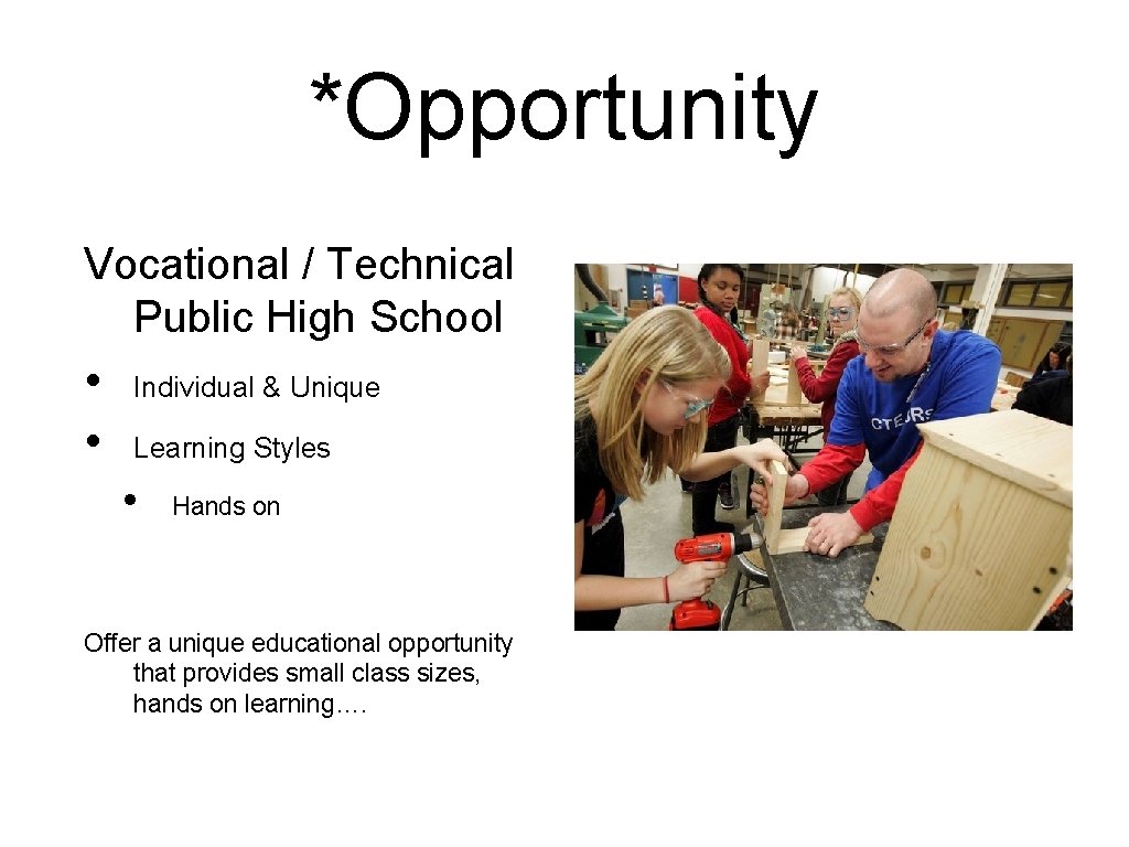 *Opportunity Vocational / Technical Public High School • • Individual & Unique Learning Styles *Opportunity Vocational / Technical Public High School • • Individual & Unique Learning Styles