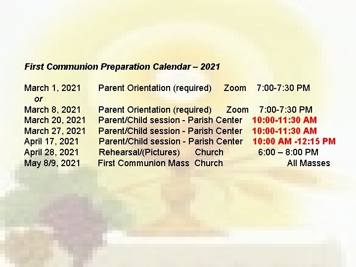 First Communion Preparation Calendar – 2021 March 1, 2021 or March 8, 2021 March