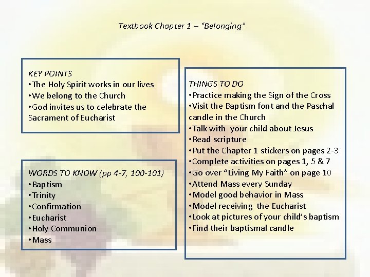 Textbook Chapter 1 – “Belonging” KEY POINTS • The Holy Spirit works in our