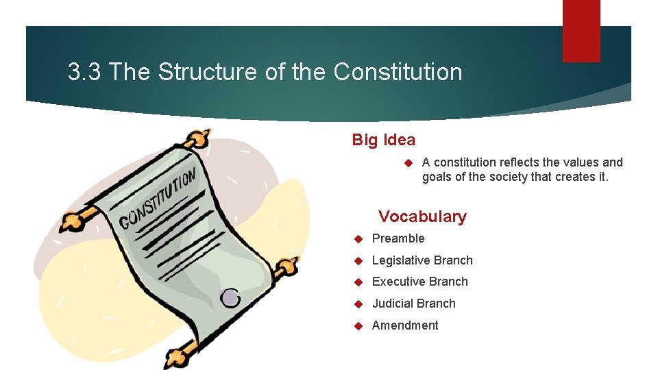 3. 3 The Structure of the Constitution Big Idea A constitution reflects the values