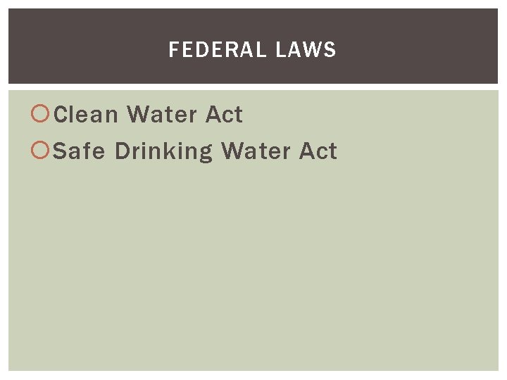 FEDERAL LAWS Clean Water Act Safe Drinking Water Act 
