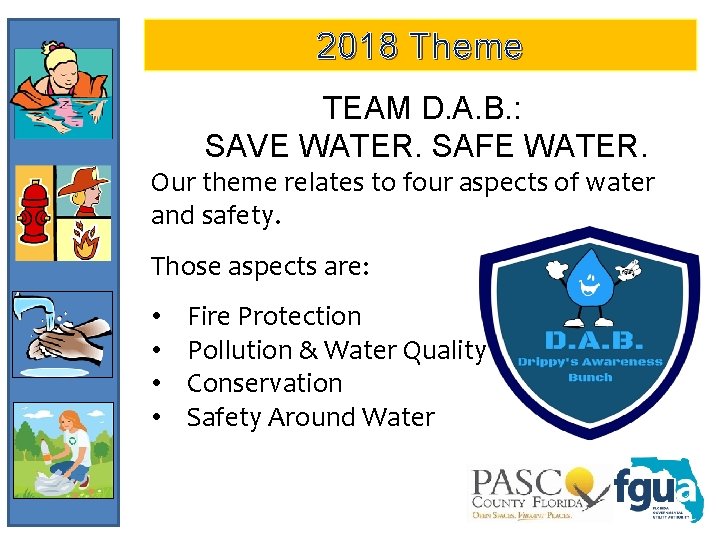 2018 Theme TEAM D. A. B. : SAVE WATER. SAFE WATER. Our theme relates