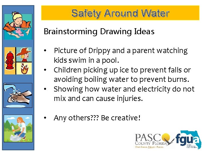 Safety Around Water Brainstorming Drawing Ideas • Picture of Drippy and a parent watching