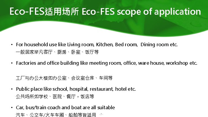 Eco-FES适用场所 Eco-FES scope of application • For household use like Living room, Kitchen, Bed