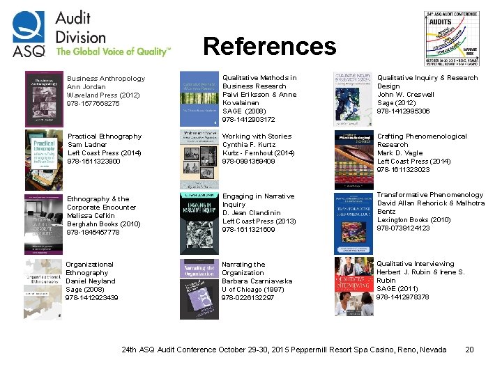 References Business Anthropology Ann Jordan Waveland Press (2012) 978 -1577668275 Qualitative Methods in Business