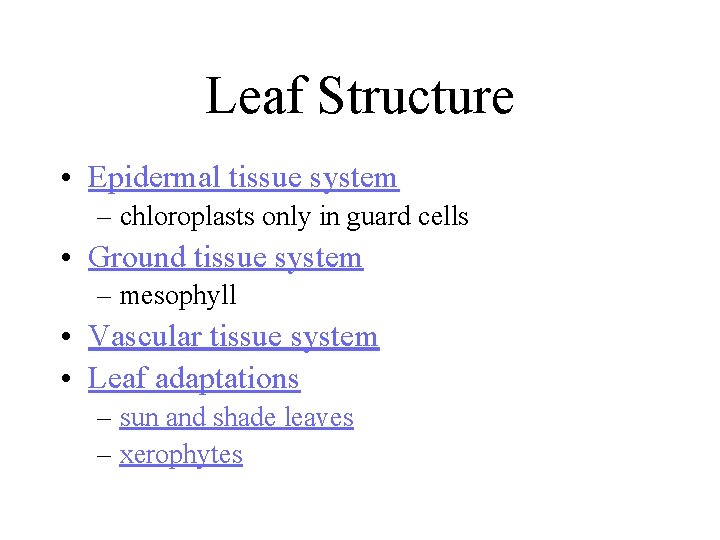 Leaf Structure • Epidermal tissue system – chloroplasts only in guard cells • Ground
